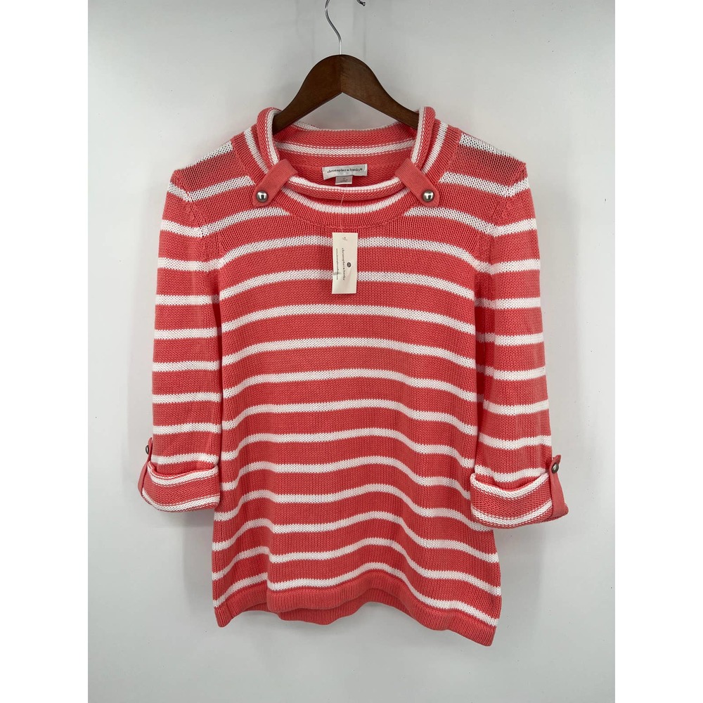 Christopher banks women's Salmon peach and white stripe 3/4 sleeve sweater sz M
